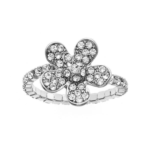 Silver Flower Large Cocktail Ring Crystal 1.75" Silver Plated Stretch Band